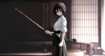  1girl absurdres bangs black_eyes black_hair blurry blurry_background clenched_hand dojo frown highres hip_vent holding holding_sword holding_weapon indoors japanese_clothes kagawa_rin kendo looking_at_viewer mo0o0rae shinai short_hair short_sleeves skirt sleeves_past_elbows solo soredemo_ayumu_wa_yosetekuru sword weapon 