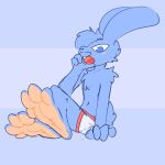  1:1 4_toes absurd_res anthro bedroom_eyes blue_background blue_body blue_fur bodily_fluids briefs buckteeth cheek_tuft chest_tuft clothing dripping drooling facial_tuft feet fur half-closed_eyes hi_res lagomorph leporid male mammal narrowed_eyes open_mouth rabbit saliva saliva_drip saliva_string seductive shoulder_tuft simple_background solo teeth the_xing1 toes tuft underwear 