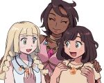  3girls :d bangs blonde_hair blush braid brown_hair collarbone collared_dress commentary_request dark-skinned_female dark_skin dress elizabeth_(tomas21) eyelashes green_eyes grey_eyes hands_up jewelry lillie_(pokemon) long_hair multiple_girls necklace olivia_(pokemon) open_mouth pink_shirt pokemon pokemon_(game) pokemon_sm selene_(pokemon) shirt short_sleeves sleeveless sleeveless_shirt smile t-shirt tongue twin_braids upper_body white_background white_dress 