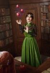  2girls apple black_hair bookshelf dress food fruit green_dress gwent_(game) highres juggling leticia_charbonneau magic multiple_girls non-web_source red_hair the_witcher_(series) 