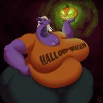  1:1 2022 absurd_res belly big_belly big_breasts breasts brewheardt cali calithae clothing dragon food fruit hair halloween hi_res holidays jack-o&#039;-lantern lips overweight plant pumpkin shirt thick_lips topwear white_hair wide_hips 