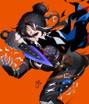  1girl absurdres animification apex_legends bingqianlan_ka black_bodysuit black_gloves black_hair black_scarf blue_eyes bodysuit breasts electricity gloves hair_bun highres holding holding_knife holding_weapon knife kunai looking_to_the_side medium_breasts motion_blur open_hand orange_background paw_print running scarf single_hair_bun solo v-shaped_eyebrows weapon wraith&#039;s_kunai wraith_(apex_legends) 
