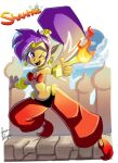  breasts clothing cloud day english_text female fire footwear genie hair humanoid long_hair navel not_furry one_eye_closed open_mouth open_smile ponytail purple_hair rasmussen891 shantae shantae_(series) signature smile solo text wayforward wink 
