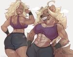  abs alternate_form anthro bianca_(faeyyaa) big_breasts blonde_hair bottomwear bra breasts brown_body brown_fur butt cleavage clothed clothing faeyyaa female fur grin gym_bottomwear gym_clothing gym_shorts hair human hyena inner_ear_fluff looking_back mammal muscular muscular_anthro muscular_female muscular_human sharp_teeth shorts simple_background smile solo sports_bra tan_body tan_skin teeth tight_clothing tuft underwear were werehyena white_background 