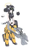  1girl alternate_costume animal_ears armor bangs black_hair blue_archive breastplate concept_art dog_ears dog_tail drone halo headgear hibiki_(blue_archive) holding leotard long_hair machinery mecha_musume mechanical_legs mimitoke robot simple_background solo tail white_background wrench 