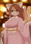  1girl :3 animal_ear_fluff animal_ears animal_nose arm_up backlighting bangs blurry blurry_background blush body_fur breasts brown_eyes brown_fur brown_hair cat_ears cat_girl cat_tail commentary cowboy_shot fangs furry furry_female happy highres horokusa_(korai) japanese_clothes kimono large_breasts long_hair long_sleeves looking_at_viewer mole mole_under_mouth multiple_tails night open_mouth original outdoors parted_bangs pink_kimono sash shiny shiny_hair smile solo standing tail tail_raised two-tone_fur two_tails white_fur wide_sleeves 