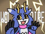  5_fingers anthro black_pupils blue_body blue_fur bovid bovine caprine circle_eyebrows electricity eyebrows fingers flofi floppy_ears fur goat hair head_tuft hi_res hooved_fingers hooves horn lightning looking_at_viewer male mammal meme meme_pose multicolored_body multicolored_fur multicolored_hair name_in_background omg open_mouth pink_scarf pupils raised_eyebrow ribbons scarf simple_background solo surprise text thunderstorm tongue tuft unexpected volt_goat wavy_horn white_body white_fur white_ribbon wolt yellow_horn yellow_sclera 