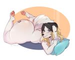  anthro big_butt bottom_heavy butt canid canine canis domestic_dog faeyyaa feet floppy_ears fur girly hair huge_butt long_hair looking_at_viewer lying male mammal nude on_front pawpads pillow smile solo teapot_(body_type) white_body white_fur wide_hips 