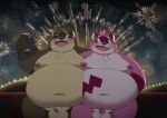  2023 anthro belly big_belly blush brown_body canid canine detailed_background duo fireworks genitals hi_res kemono kusosensei male male/male mammal moobs night nipples one_eye_closed outside overweight overweight_male penis pink_body raccoon_dog shoutaro small_penis tanuki wink 