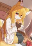  1girl :3 animal_ear_fluff animal_ears animal_nose black_thighhighs blurry blurry_background blush body_fur bottomless brown_fur closed_mouth commentary cup curtains drink dutch_angle fang fang_out fox_ears fox_girl fox_tail from_behind furry furry_female grey_skirt hair_between_eyes hands_up happy highres holding holding_cup holding_drink horokusa_(korai) indoors legs_together long_sleeves looking_at_viewer looking_back multicolored_fur multiple_tails on_bed original pillow red_eyes red_scarf scarf scarf_removed sitting skirt skirt_removed smile snout solo sweater tail thighhighs thighs two_tails white_fur white_sweater yellow_fur zettai_ryouiki 