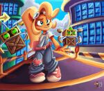  2020 activision anthro blonde_hair blue_eyes clothing cloud coco_bandicoot crash_bandicoot_(series) day eyewear eyewear_on_head female footwear goggles goggles_on_head hair long_hair mammal marsupial overalls ponytail rasmussen891 shoes signature smile solo 