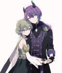  1boy 1girl bangs black_gloves blue_hair bracelet closed_mouth demon_horns detached_sleeves gloves green_hair grey_background hair_between_eyes hair_ornament hand_grab height_difference high_collar highres horns jewelry kamishiro_rui kusanagi_nene long_hair multicolored_hair open_mouth partially_fingerless_gloves project_sekai purple_eyes purple_hair short_hair simple_background skunlv streaked_hair very_long_hair yellow_eyes 