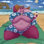  2022 absurd_res age_difference beach bear belly big_belly big_breasts bikini breasts brewheardt clothing eyes_closed female furry giant_panda hat headgear headwear hi_res kiki lips lotion mammal mature_female mother older_female overweight parent pink sea seaside summer sun sun_hat swimwear thick_lips water 