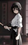  1girl absurdres bangs black_eyes black_hair blurry blurry_background clenched_hand doki frown highres hip_vent holding holding_sword holding_weapon indoors japanese_clothes kagawa_rin kendo looking_at_viewer mo0o0rae shinai short_hair short_sleeves skirt sleeves_past_elbows solo soredemo_ayumu_wa_yosetekuru sword weapon 