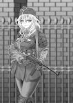  1girl alternate_hairstyle bangs belt blurry blurry_background closed_mouth commentary depth_of_field dress fence frown garrison_cap girls_und_panzer gloves greyscale gun hat highres knee_pads long_sleeves looking_at_viewer medium_hair military military_hat military_uniform monochrome oshida_(girls_und_panzer) pantyhose_under_shorts pleated_dress short_dress sling solo standing submachine_gun thompson_submachine_gun tigern_(tigern28502735) trigger_discipline uniform utility_belt weapon 