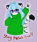 2023 :3 alpha_channel ambiguous_gender antenna_hair anthro baggy_clothing black_pawpads blue_hair blue_tongue bodily_fluids cheering chibi clothed clothing dipstick_ears dipstick_tail eyewear felid fur gesture girly glasses green_turtleneck hair half-length_portrait happy hi_res leucistic looking_at_viewer male mammal markings meme multicolored_ears multicolored_tail nicholas_c._corbin pantherine pawpads portrait poster purple_eyewear purple_glasses reaction_image simple_background smile smirk smug solo sunglasses sweater tail tail_markings the_corbin_family therobotickitty tiger tongue topwear transparent_background turtleneck white_body white_fur youtuber 