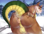  activision anthro anus backsack balls brown_body brown_fur butt canid canine canis crash_bandicoot_(series) crocodile crocodilian crocodylid dingo dingodile fur genitals green_body green_eyes green_scales grin hybrid klotzilla kneeling looking_at_viewer looking_back male mammal presenting presenting_anus presenting_hindquarters puffy_anus reptile scales scalie smile snow solo spots spotted_body spotted_fur spread_butt spreading tan_body tan_fur yellow_body yellow_scales 