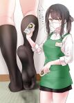  1girl apron black_hair breasts brown_eyes brown_socks can collared_shirt commentary_request cowboy_shot employee_uniform feet fine_fabric_emphasis foot_focus green_apron highres holding holding_can kneehighs kneepits long_hair looking_at_viewer mask mouth_mask multiple_views name_tag no_shoes oouso original partially_translated ponytail shirt skirt small_breasts socks soles standing surgical_mask thighs toes translation_request uniform white_shirt 