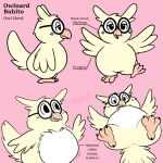  1:1 anthro avian bird english_text eyewear feathers glasses male nerd nishi_oxnard oange_beak owl owlnard_(character) pink_background simple_background solo sound_effects talons tan_body tan_feathers text white-feathers 