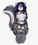  anthro black_nose blue_hair breasts clothing faeyyaa female fluffy fluffy_tail fur garter_belt garter_straps grey_body grey_fur hair harness hi_res mammal markings mephitid mostly_nude nipples panties purple_eyes simple_background skunk solo striped_markings striped_tail stripes tail tail_markings thick_thighs underwear white_background white_body white_fur wide_hips 