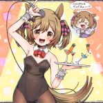  &gt;_&lt; 1girl alternate_costume animal_ears blush breasts brown_eyes brown_hair collared_shirt commentary hair_between_eyes hair_ornament hair_ribbon highres horse_ears horse_girl looking_at_viewer microphone open_mouth playboy_bunny rakugakiraid ribbon shirt simple_background small_breasts smart_falcon_(umamusume) thighhighs tray umamusume wire 