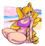  1girl absurdres bangs beach bikini borrowed_character breasts bright_pupils choker cleavage english_commentary hair_behind_ear head_tilt highres lana_branford long_hair navel open_mouth original purple_bikini purple_eyes sitting sketch smile soles solo swimsuit twintails uneven_twintails very_long_hair white_choker white_pupils xpisigma 