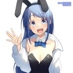  1girl animal_ears bangs black_leotard blue_bow blue_bowtie blue_eyes blue_hair bow bowtie breasts detached_collar gradient_hair jacket kantai_collection leotard long_hair looking_at_viewer m.a.o multicolored_hair one-hour_drawing_challenge playboy_bunny rabbit_ears samidare_(kancolle) small_breasts smile solo strapless strapless_leotard swept_bangs teeth upper_body upper_teeth_only very_long_hair waving white_jacket 
