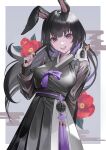  1girl :d absurdres animal_ears animal_on_shoulder bangs black_hair chungla floating_hair flower hanbok highres holding korean_clothes long_hair long_sleeves looking_at_viewer original puffy_long_sleeves puffy_sleeves purple_eyes purple_nails rabbit rabbit_ears red_flower simple_background smile solo 