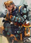  1boy absurdres apex_legends black_bodysuit black_gloves blonde_hair bodysuit box breath brown_eyes death_box_(apex_legends) facial_hair fingerless_gloves flame_print gloves goatee goggles goggles_on_head highres himawari_kappa knee_pads male_focus mirage_(apex_legends) orange_gloves orange_scarf parted_lips scarf sitting solo two-tone_gloves undercut 