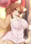  1girl :3 animal_ear_fluff animal_ears animal_nose bangs blush body_fur breasts brown_eyes brown_fur brown_hair cat_ears cat_girl cat_tail cleavage closed_mouth commentary covered_erect_nipples covered_navel cowboy_shot fangs fangs_out flying_sweatdrops furry furry_female hair_tie hands_up happy head_tilt highres horokusa_(korai) large_breasts long_hair looking_at_viewer mole mole_under_mouth multiple_tails naked_towel original parted_bangs ponytail raised_eyebrows sidelocks smile solo standing steam tail towel two-tone_fur two_tails white_fur wide_hips 