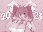  1girl 2023 animal_ears antenna_hair bow breasts chinese_zodiac collarbone di_gi_charat dice_hair_ornament ekz_(robotekz) hair_bow hair_ornament large_breasts neck_ribbon new_year open_mouth pointing pointing_at_self rabbit_ears ribbon solo twintails usada_hikaru year_of_the_rabbit 