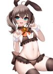  1girl 7716nanairo6177 :3 ahoge animal_ears bangs bell black_ribbon blue_eyes bow bra breasts brown_bow brown_bra brown_hair brown_panties collar cowboy_shot fake_animal_ears frilled_bra frilled_panties frills hair_between_eyes hair_ribbon highres hololive jingle_bell medium_hair natsuiro_matsuri orange_bow panties rabbit_ears ribbon simple_background small_breasts solo thighhighs twintails underwear virtual_youtuber white_background wrist_cuffs 