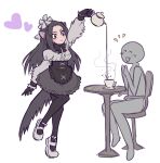  1girl 1other absurdres anteater_ears anteater_tail apron black_apron black_bow black_bowtie black_corset black_fur black_gloves black_pantyhose blush bow bowtie brown_eyes clapping commentary corset fur_collar giant_anteater_(kemono_friends) gloves grey_hair grey_shirt grey_skirt high-waist_skirt highres kemono_friends long_hair long_sleeves pantyhose pouring shirt sitting skirt standing standing_on_one_leg tateoftot 