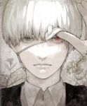  1boy bangs close-up closed_mouth collared_shirt eyepatch finger_on_eyewear floral_background grey_eyes heterochromia highres kaneki_ken looking_at_viewer red_eyes shirt solo stfr_(stfr_kaz) tokyo_ghoul white_hair white_shirt 