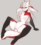  aeveno_(artist) anthro black_body breasts egg female fur genitals green_eyes hair hi_res horn long_ears oviposition pussy red_body red_fur red_stripes scalie simple_background sketch solo stripes white_body white_hair 