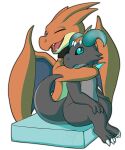  2022 3_toes alpha_channel anthro arm_around_neck black_sclera blue_eyes blue_horn blue_tongue blue_wings charizard clawed_fingers claws collar dated digital_drawing_(artwork) digital_media_(artwork) digitigrade duo embrace fangs feet feral generation_1_pokemon green_wings grey_body grey_nose grey_scales grey_tail hand_on_head hand_on_leg hi_res horn hug itsdraconix kobold male mega_charizard mega_charizard_y mega_evolution multicolored_body multicolored_scales multicolored_wings nintendo nude nude_anthro nude_male open_mouth orange_body orange_horn orange_scales orange_wings platform pokemon pokemon_(species) red_tongue sage_(draconix) scales scalie shaded side_b signature simple_background sitting snout tan_body tan_scales teeth text toe_claws toes tongue transparent_background two_tone_body two_tone_scales two_tone_wings watermark white_claws wings 