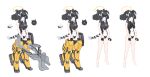  1girl alternate_costume animal_ears armor bangs barefoot black_hair blue_archive breastplate breasts concept_art dog_ears dog_tail drone full_body gloves halo headgear hibiki_(blue_archive) highres holding leotard long_hair machinery mecha_musume mechanical_legs mimitoke multiple_views robot simple_background small_breasts standing tail white_background wrench 