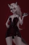  = anthro black_clothing black_dress bottomwear breasts canid canid_demon canine canis claws clothed clothing collar demon digital_media_(artwork) digitigrade domestic_dog dress ear_piercing ear_ring english_text eyebrow_piercing eyebrow_ring eyebrows eyelashes facial_piercing female fluffy fluffy_tail fur gloves_(marking) grey_hair hair hellhound helluva_boss hi_res husky legwear long_hair loona_(helluva_boss) mammal markings nordic_sled_dog piercing red_sclera ring_piercing shorts simple_background smile solo spiked_collar spikes spitz tail text topwear velzey white_body white_fur 