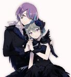  1boy 1girl bangs black_necktie blue_hair buttons closed_mouth dress green_hair grey_background hair_between_eyes hand_on_another&#039;s_shoulder holding_hands kamishiro_rui kusanagi_nene long_sleeves necktie open_mouth project_sekai purple_eyes short_hair simple_background skunlv sleeveless sleeveless_dress upper_body wings yellow_eyes 