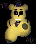  animatronic anthro areola bear big_breasts black_background black_sclera blakey bow_tie breast_grab breasts brown_areola brown_nipples clothing crossgender eyelashes female five_nights_at_freddy&#039;s freckles golden_freddy_(fnaf) hand_on_breast hat headgear headwear hi_res huge_breasts looking_at_viewer machine mammal nipples robot scottgames simple_background smile solo text top_hat white_eyes yellow_body 
