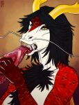  2021 anthro artist_logo black_hair blood bodily_fluids bust_portrait chest_tuft dated dragon eating female gore hair hi_res horn logo narrowed_eyes nipples portrait red_body red_scales riorix scales sharp_teeth simple_background solo teeth tuft white_body yellow_eyes yellow_horn yellow_nipples 