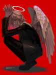  1boy akuta_vi angel_devil_(chainsaw_man) angel_wings bangs black_footwear black_jacket black_necktie black_pants brown_hair chainsaw_man collared_shirt eyes_visible_through_hair feathered_wings formal hair_between_eyes halo highres jacket long_hair looking_at_viewer necktie own_hands_together pants red_background shirt shirt_tucked_in sideways_glance simple_background solo squatting suit suit_jacket twitter_username white_shirt white_wings wings 
