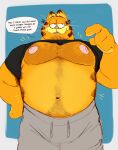  2023 anthro areola barazoku biped body_hair bottomwear chest_hair clothed clothing dialogue digital_media_(artwork) domestic_cat english_text felid feline felis flufflecraft fully_clothed fur garfield_(series) garfield_the_cat happy_trail hi_res male mammal musclegut muscular muscular_anthro muscular_male navel nipples orange_body orange_fur overweight overweight_anthro overweight_male pants pecs raised_clothing raised_shirt raised_topwear shirt smile solo speech_bubble talking_to_viewer text topwear whiskers 