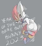  2023 bottomwear bottomwear_down butt chinese_zodiac cinderace clothed clothing fur generation_8_pokemon hi_res lkiws nintendo pants pants_down partially_clothed pokemon pokemon_(species) solo white_body white_fur year_of_the_rabbit 