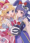  2girls asahina_mirai bangs black_gloves blonde_hair blunt_bangs bow commentary cure_magical cure_miracle diamond-shaped_brooch elbow_gloves gloves hair_bow hat highres holding_hands izayoi_liko kozomezuki long_hair magical_girl mahou_girls_precure! mini_hat mini_witch_hat multiple_girls one_side_up open_mouth pink_bow pink_headwear precure puffy_short_sleeves puffy_sleeves purple_eyes purple_hair red_eyes short_bangs short_sleeves smile white_gloves witch_hat 