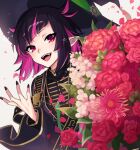  1boy :d androgynous bad_link bangs black_hair black_headwear black_nails blunt_bangs blush bouquet chorefuji commentary_request fangs flower hat lilia_vanrouge long_sleeves looking_at_viewer male_focus multicolored_hair nail_polish open_mouth petals pink_flower pink_hair pointy_ears red_eyes smile solo teeth tongue twisted_wonderland two-tone_hair upper_body upper_teeth_only white_background wide_sleeves witch_hat 
