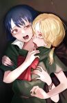  2girls absurdres biting blonde_hair blood blue_hair bow bowtie carrie_fernandez castlevania castlevania:_legacy_of_darkness castlevania:_the_arcade disorder! grabbing grabbing_from_behind highres little_witch_(castlevania) multiple_girls neck_biting open_mouth orange_hair red_bow red_bowtie red_eyes upper_body vampire yuri 