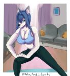  alexandliberty anthro big_breasts blue_eyes blue_hair breasts building canid canine canis cleavage_cutout exercise_clothing female fur furniture hair hi_res hololive_en house mammal ouro_kronii out_of_frame sofa solo solo_focus stretching vtuber white_body white_fur wolf 