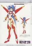  1990s_(style) 1girl absurdres armored_boots back blue_eyes blue_hair boots character_name full_body ginga_ojou-sama_densetsu_yuna high_heels highres leotard liavelt_von_neuestein long_hair looking_at_viewer multiple_views non-web_source official_art reference_sheet retro_artstyle scan smile stats thigh_strap turnaround wings 