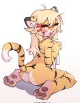  2023 3_toes anthro blonde_hair blush butt claws crayon_(artist) cross-popping_vein cute_fangs digital_media_(artwork) feet felid female female_anthro fur hair hi_res kemono looking_at_viewer looking_back looking_back_at_viewer mammal multicolored_body multicolored_fur nude pantherine pawpads paws sitting solo tail tiger toe_claws toes wariza 